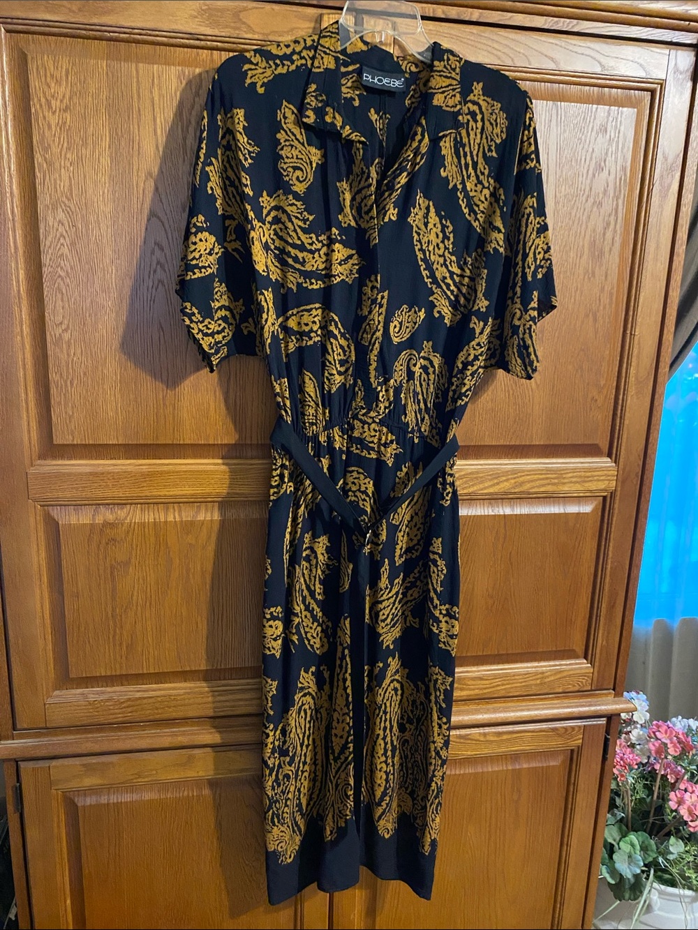 Phoebe Black and Mustard Midi Shirt Dress with elastic waist and fabric belt